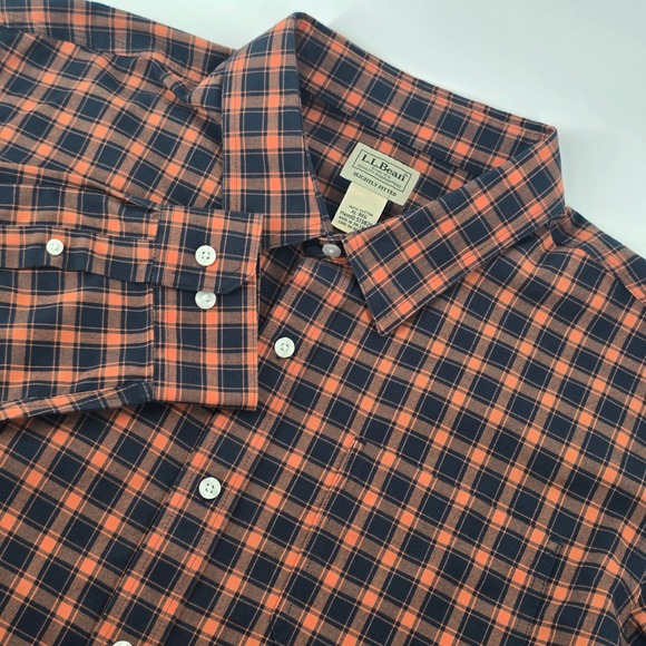 L.L. Bean Other - L.L. Bean Button Down Shirt Mens XL Orange Navy Plaid Slightly Fitted